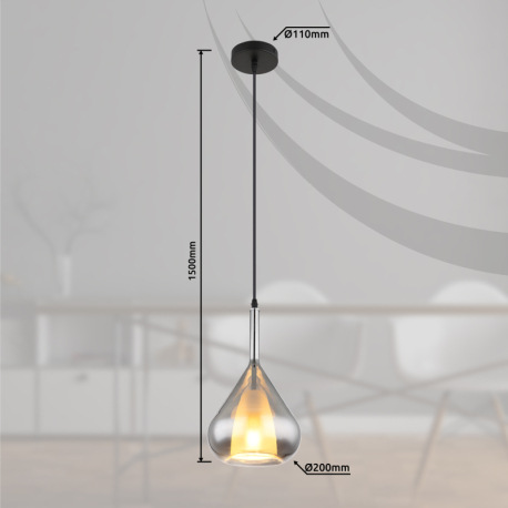 Závesné svietidlo, kov čierny, sklo dymovej farby, čierny kábel, nastaviteľná výška, ø: 200mm, V: 15 7