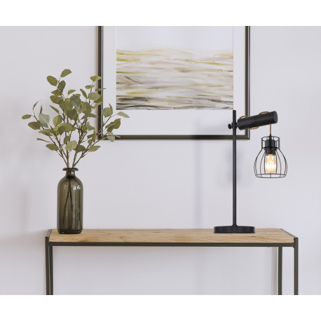 Stolová lampa, kov čierny, drevo čierne, imitácia spáleného dreva, textilný kábel šampaň, vypínač, D 1