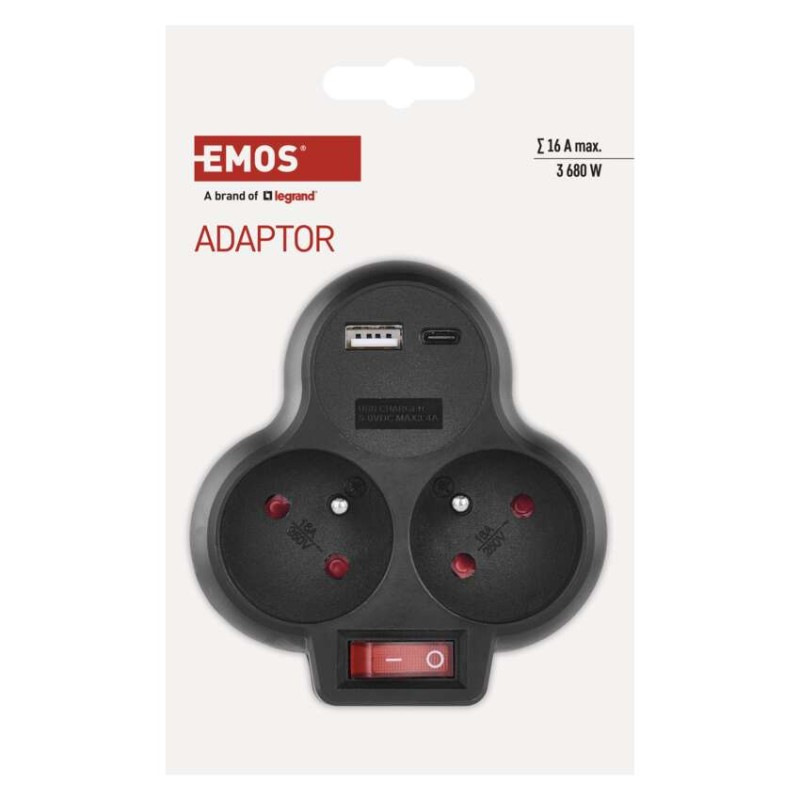 Rozbočovacia zásuvka 2×, vyp., 1×USB-A+1×USB-C, čierna 3