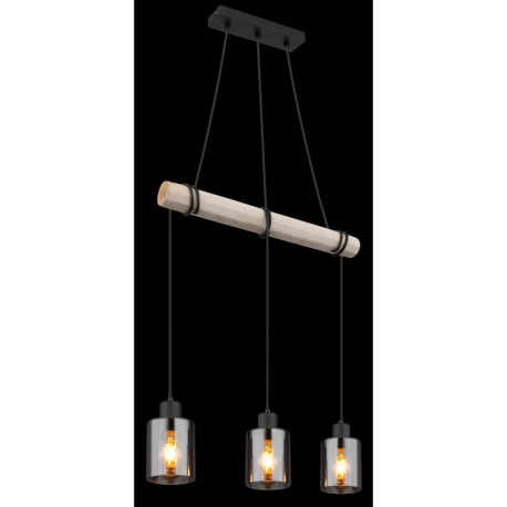 Závesné svietidlo, kov čierny, drevo prírodná farba, sklo dymová farba, kábel na omotanie, DxŠxV: 50 11