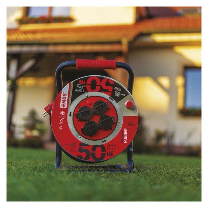 Vonkajší predlžovací kábel na bubne 50 m / 4 zásuvky / čierny / guma / 230 V / 1,5 mm2 5