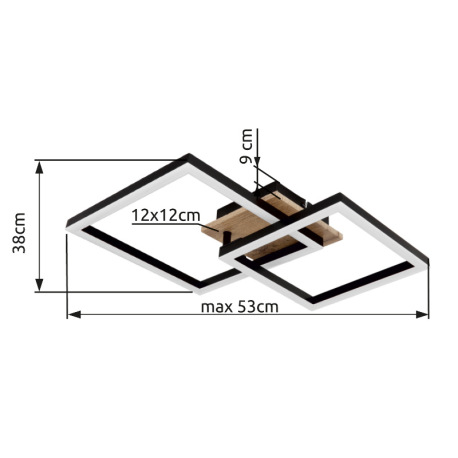 Stropné svietidlo kov čierny matný, MDF, imitácia tmavého dreva, plast biely, otočné, DxŠxV: 530x380 12