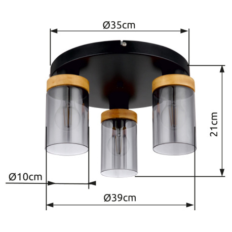 Stropné svietidlo, kov čierny, drevo, dymové sklo, ø: 390mm, V:210mm, bez žiaroviek 3x E27, max. 40W 8