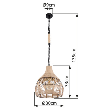 Závesné svietidlo, kov čierny matný, konopné lano, čierna reťaz, Ø 300, V: 1350, bez žiarovky 1xE27, 18