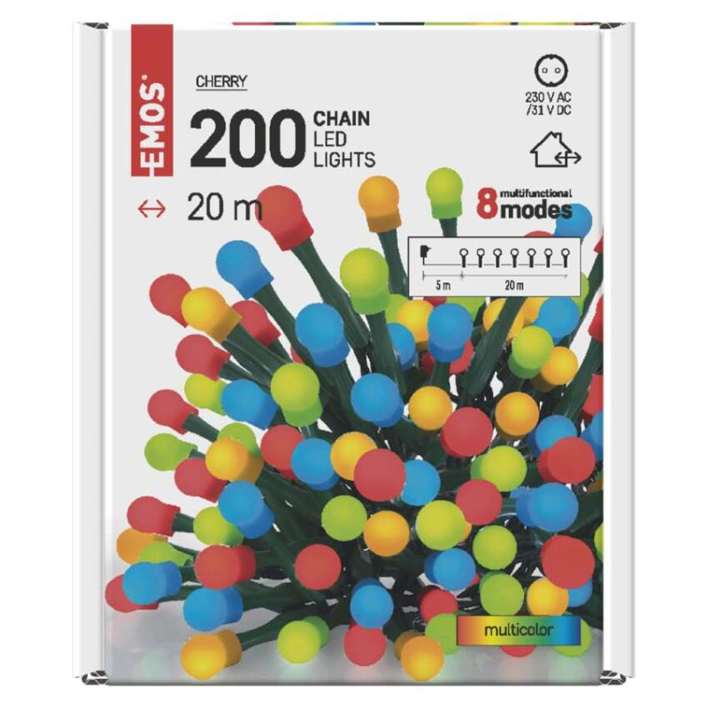 LED vianočná cherry reťaz – guličky, 20 m, vonkajšia aj vnútorná, multicolor, programy 6