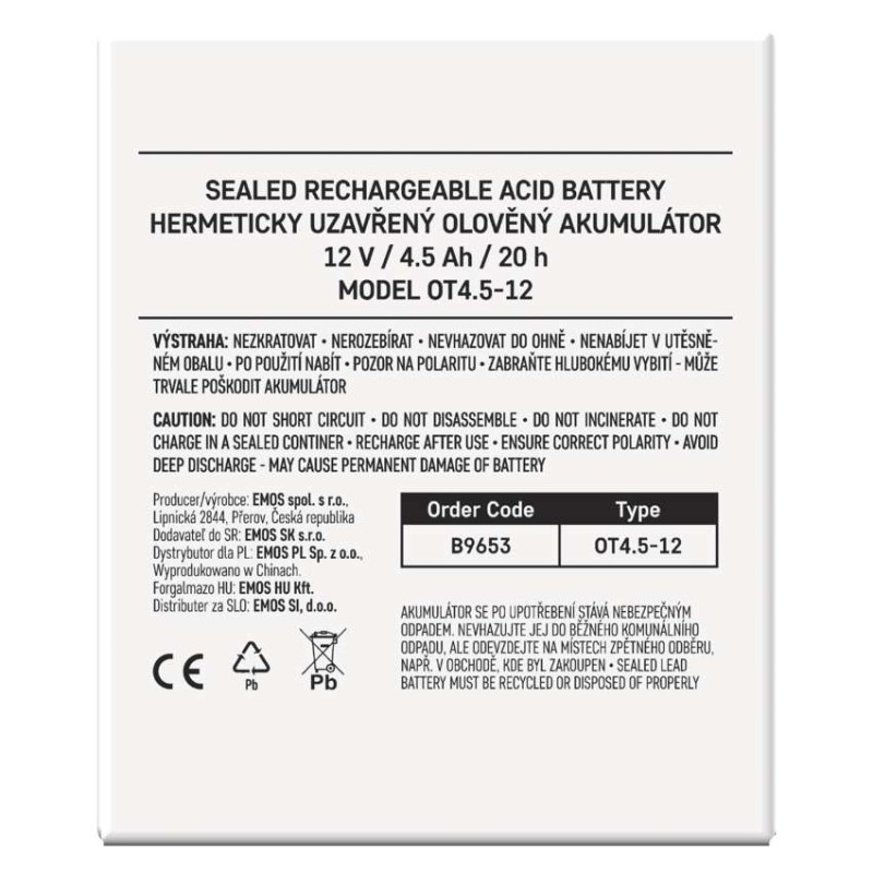 Bezúdržbový olovený akumulátor 12 V/4,5 Ah, faston 4,7 mm 6