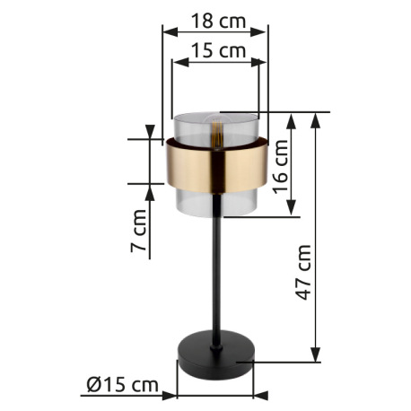 Stolová lampa, kov čierny matný, sklo, mosadz, vypínač, ø: 180mm, V: 470mm, dĺžka 1500mm, bez žiarov 20