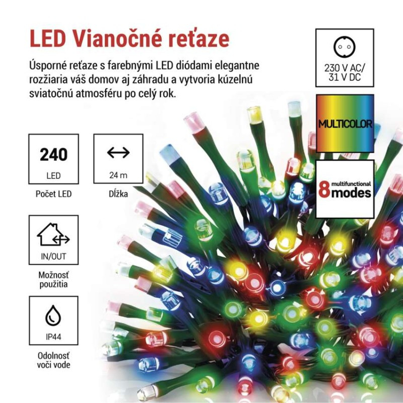 LED vianočná reťaz, 24 m, vonkajšia aj vnútorná, multicolor, programy, časovač