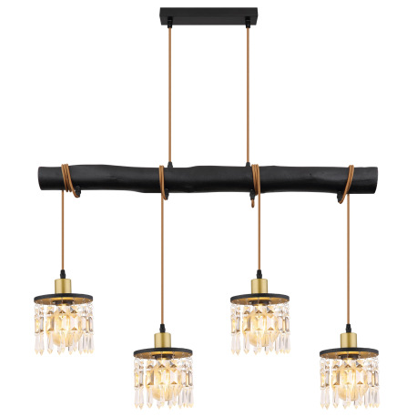 Závesné svietidlo, mosadz, drevo čierne, sklenené krištále, textilný kábel hnedý, nastaviteľná výška 15