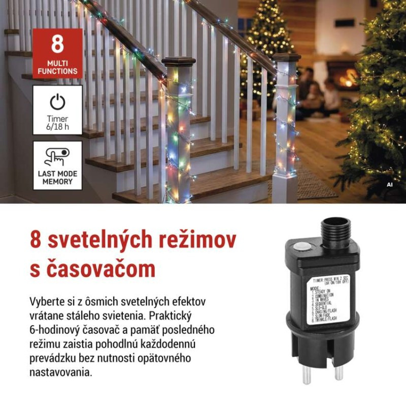 LED nano reťaz na cievke, strieborný, 14,4 m, multicolor, časovač 3