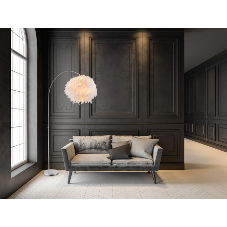 Stojanové svietidlo, kov nikel matný, textil biely, tienidlo s bielym perím, výškovo nastaviteľné, v 5