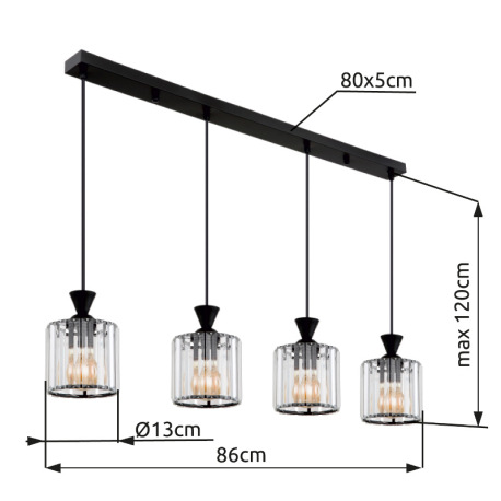 Závesné svietidlo, kov čierny, akrylové krištále číre, kábel PVC čierny, DxŠxV: 860x130x1200mm, bez 20