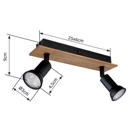 Nástenné svietidlo, drevo tmavohnedé, kov čierny, s vypínačom, DxŠxV:250x60x90mm, bez žiaroviek 2x G 18