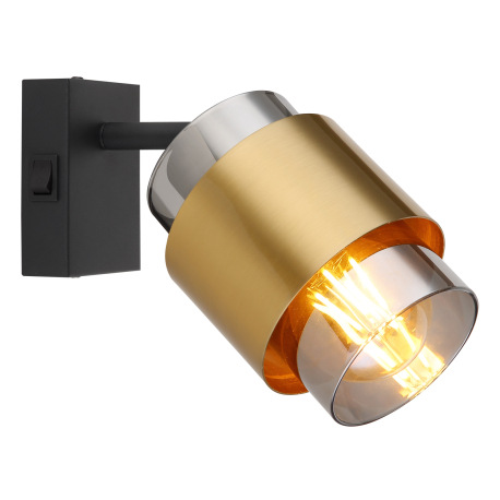 Nástenné svietidlo kov čierny matný, sklo dymovej farby, mosadzný krúžok, vypínač, ŠxV: 100x170mm, H