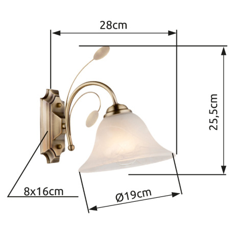 Nástenné svietidlo, mosadz, sklo biele alabaster, ŠxV: 190x255, H: 280, bez žiarovky 1xE27, max. 60W 4