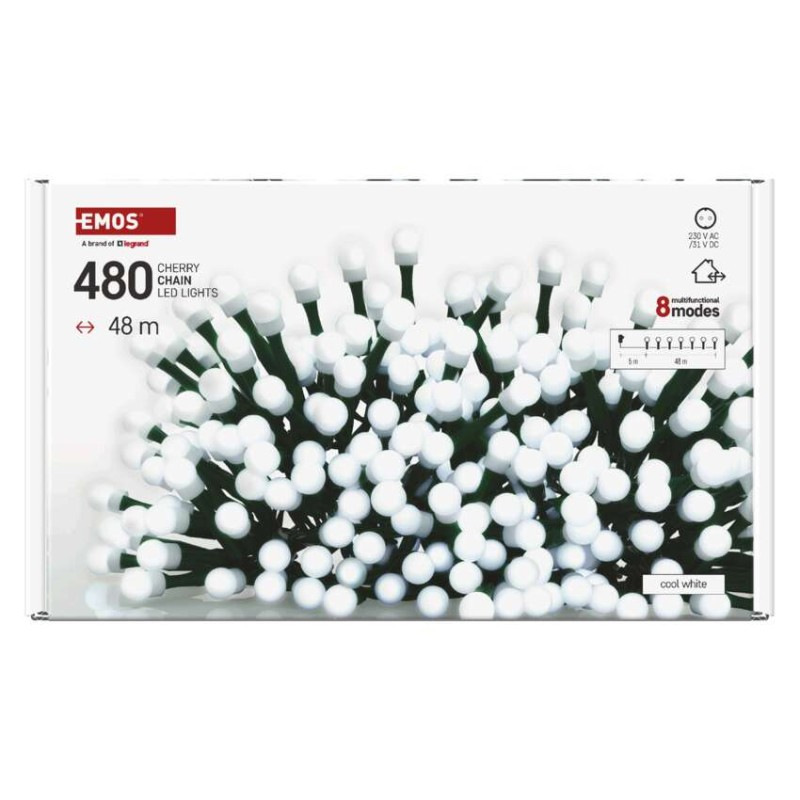 LED vianočná cherry reťaz–guličky, 48 m, vonkajšia aj vnútorná, st. biela, programy, čas 6