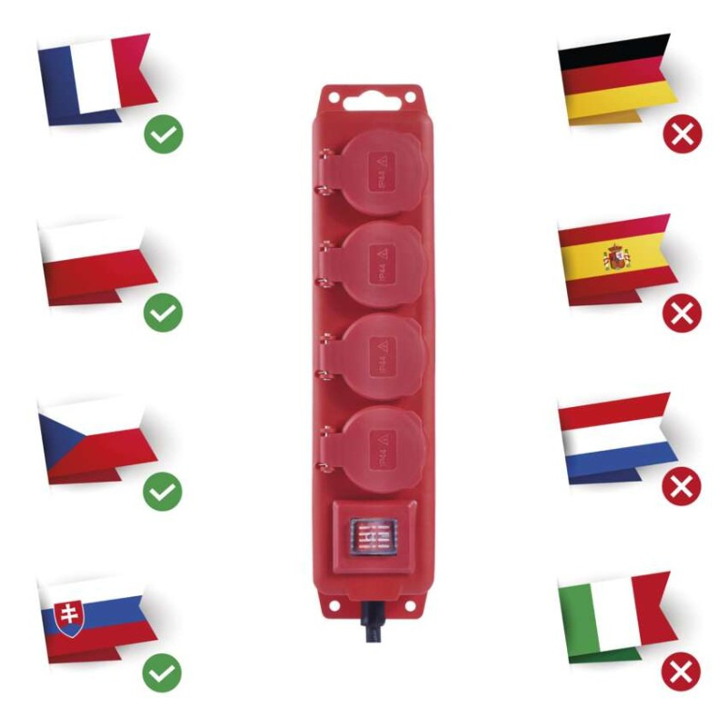 Predlžovací kábel 10 m / 4 zásuvky / s vypínačom / čierno-červený / guma-neoprén / 1,5 mm2 1