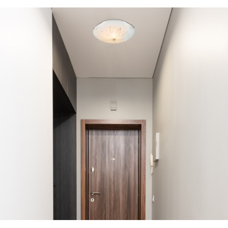 Stropné svietidlo, kov biely, chróm, satinované sklo, dekoračné kamienky, priehľadné ozdobné linky, 1