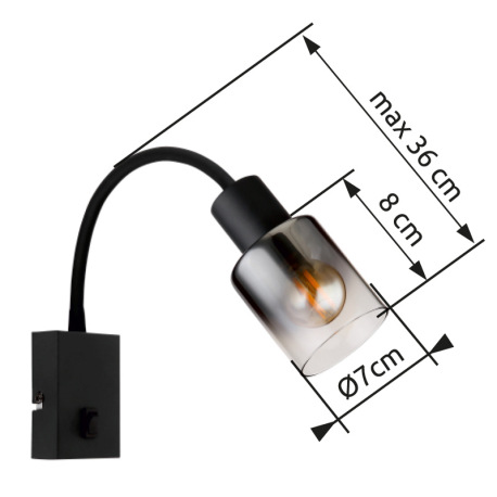 Nástenné svietidlo, kov čierny matný, dymové sklo s prechodom do priehľadného skla, silikón čierny m 8