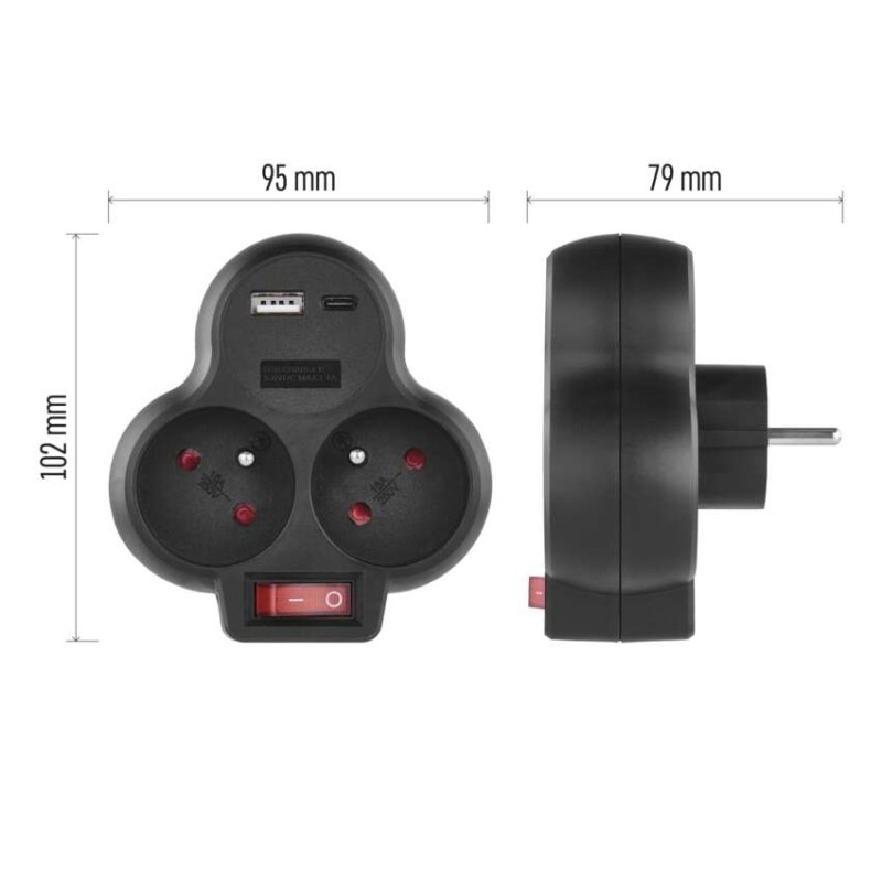 Rozbočovacia zásuvka 2×, vyp., 1×USB-A+1×USB-C, čierna 8