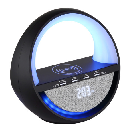 Stolové svietidlo, plast čierny/chróm, textil sivý, dotykový spínač plynulý, Bluetooth, pamäť, bez a 10