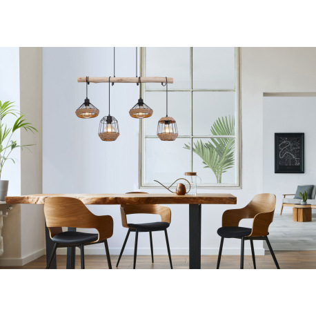 Závesné svietidlo, kov čierny matný, drevo, konopné lano, DxŠxV: 1050x210x1250, bez žiaroviek 4xE27, 8