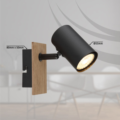 Nástenné svietidlo, kov čierny matný, MDF imitácia dreva, ŠxV: 60x134mm, H: 151mm, bez žiarovky 1xGU 9