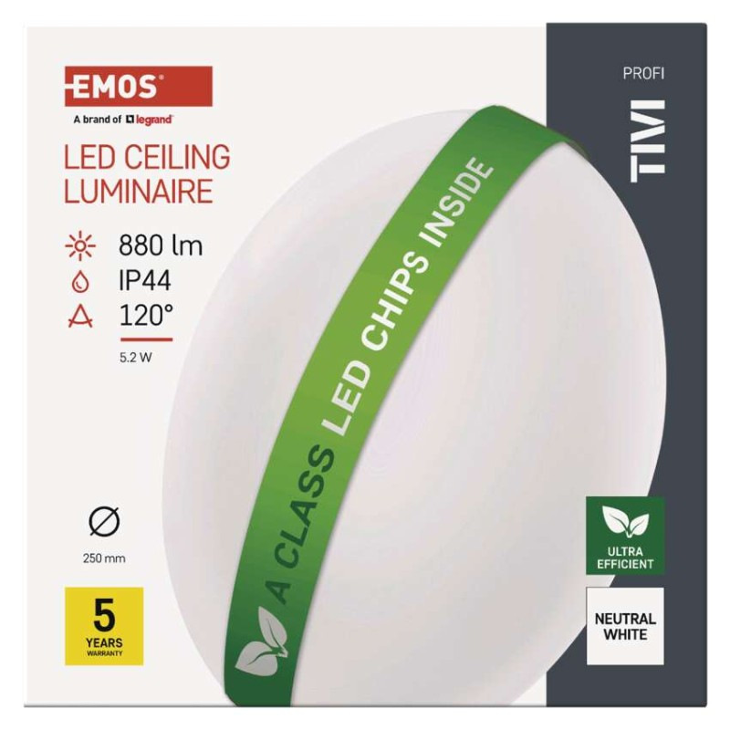 LED stropné svietidlo TIVI, A CLASS, okrúhle biele 5,2W, IP44, Neutrálna biela 8