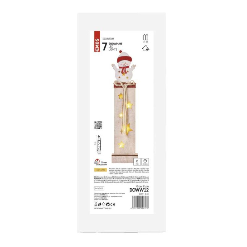 LED dekorácia drevená – snehuliak, 46 cm, 2x AA, vnútorná, teplá biela, časovač 5