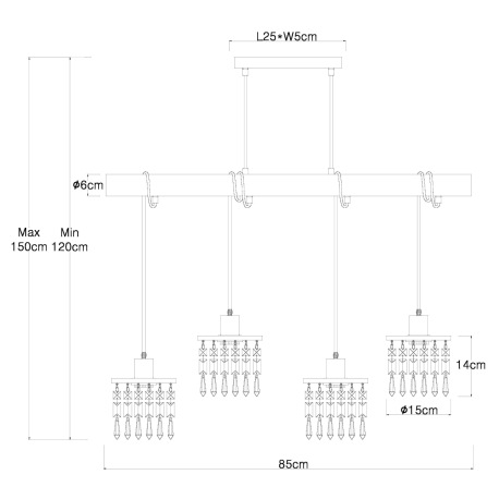 Závesné svietidlo, mosadz, drevo čierne, sklenené krištále, textilný kábel hnedý, nastaviteľná výška 11