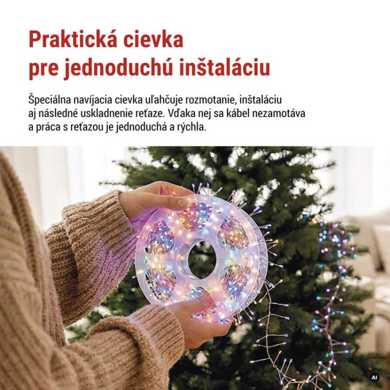LED nano reťaz na cievke, strieborný, 14,4 m, multicolor, časovač 5