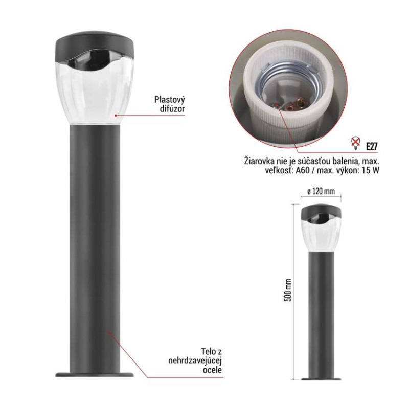 Záhradné stĺpikové svietidlo ARTEO, 12 x 12 x 50 cm, 1 x E27, 15 W 4