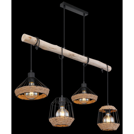 Závesné svietidlo, kov čierny matný, drevo, konopné lano, DxŠxV: 1050x210x1250, bez žiaroviek 4xE27, 2