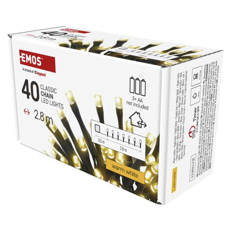 LED vianočná reťaz, 2,8 m, 3x AA, vonkajšia aj vnútorná, teplá biela, časovač