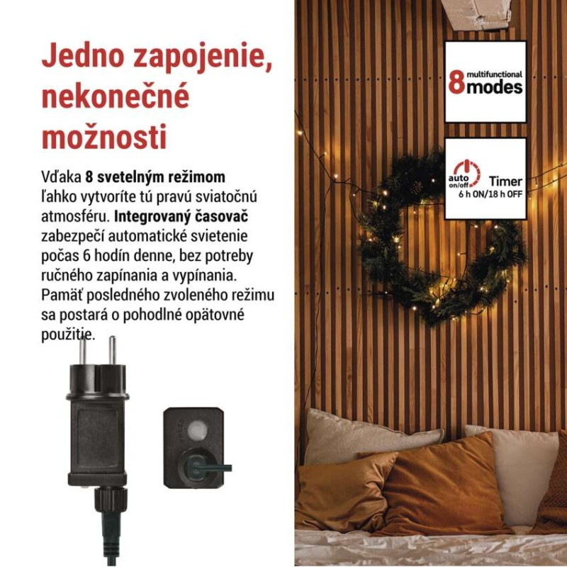 LED vianočná reťaz, 50 m, vonkajšia aj vnútorná, teplá biela, programy, časovač 2