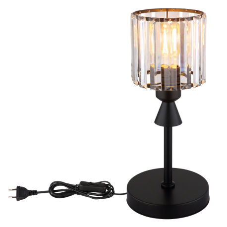 Stolové svietidlo, kov čierny matný, akrylové krištále číre, kábel PVC čierny, kolískový vypínač na 7