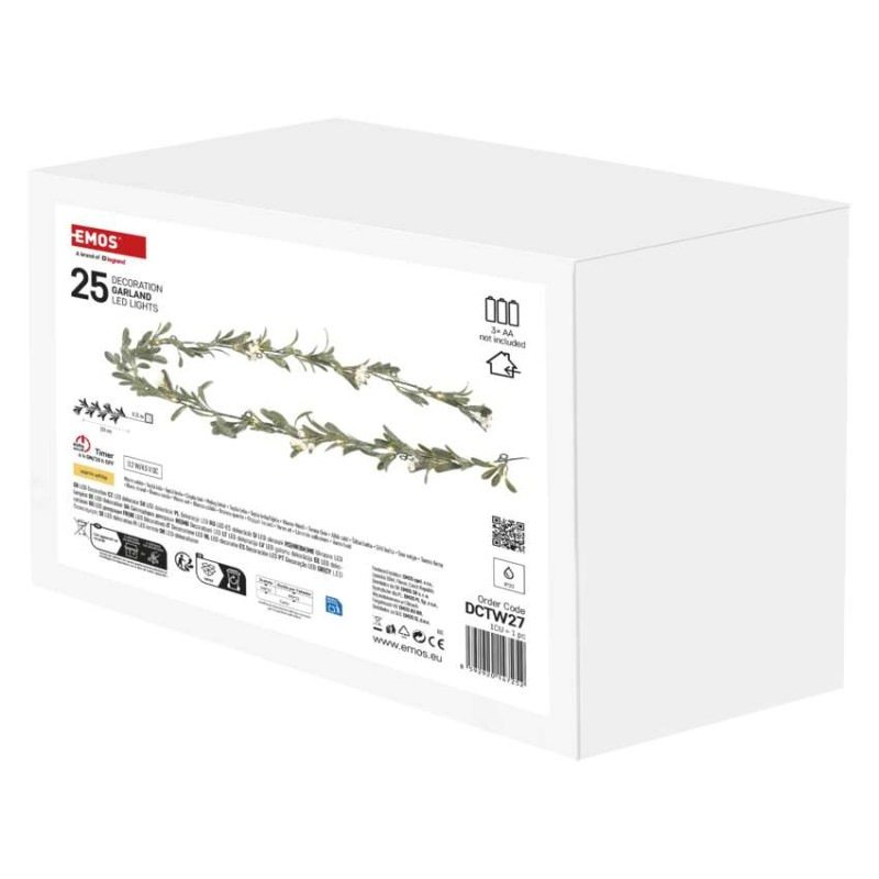 LED vianočná girlanda - jmelí, 1,5 m, 3x AA, vnútorné, teplá biela, časovač 1