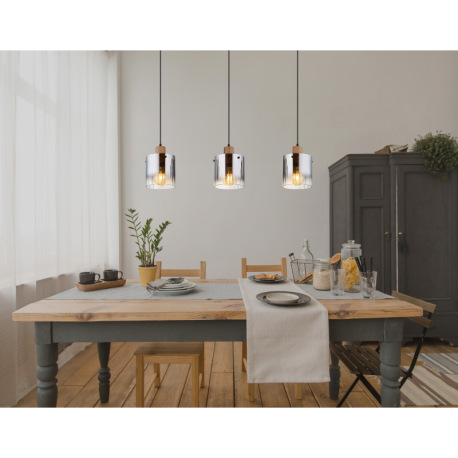 Závesné svietidlo, MDF, vzhľad tmavého dreva, dymové sklo, číry gradient, čierny PVC kábel, možnosť 7