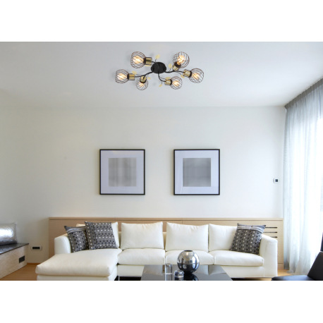 Stropné svietidlo, kov čierny a mosadzný, s dekoratívnymi listami, DxŠxV:710x540x165, bez žiaroviek 10