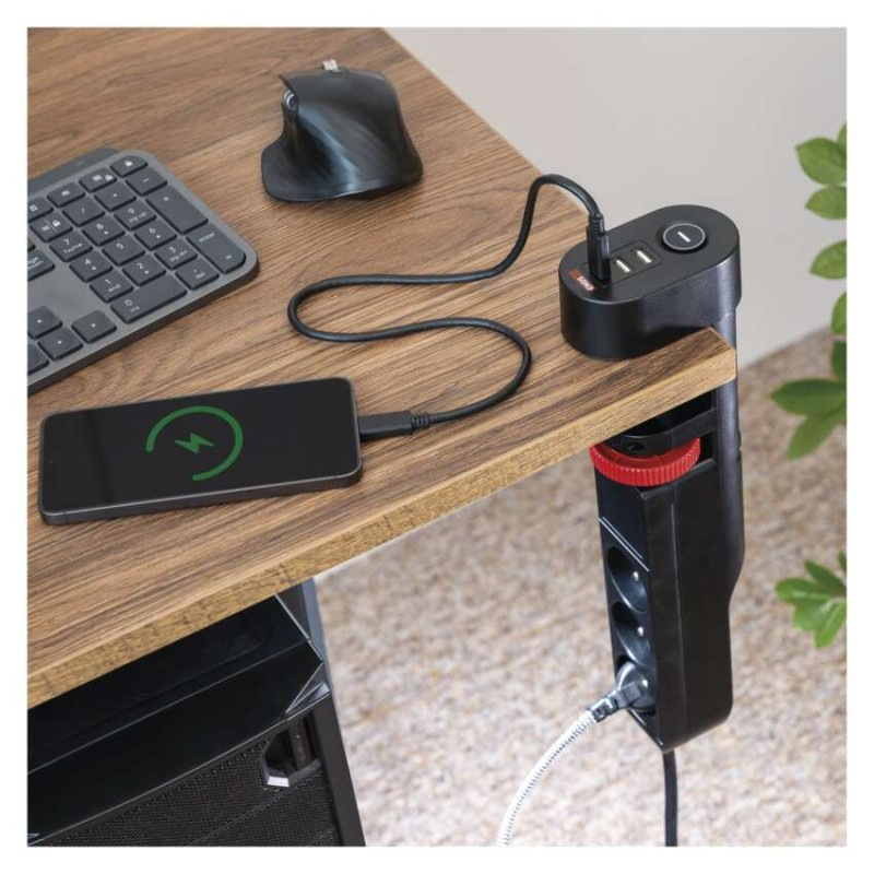 Predlžovací kábel 1,5 m/3 zásuvky/vypínač/stolný držiak/USB/čierny/PVC/1,5 mm2 5