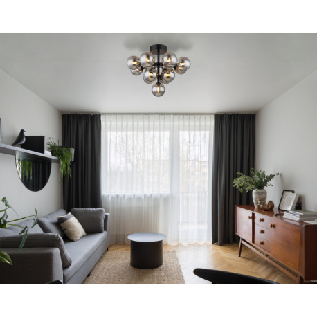 Stropné svietidlo, kov čierny, sklenené gule dymovej farby, ø: 560 mm, V: 430 mm, bez žiaroviek 13xG 1