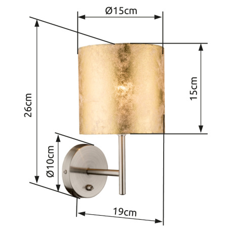 Nástenné svietidlo, kov nikel matný, plast, textil zlatý, vypínač, ŠxV: 150x260, H:190, bez žiarovky 2