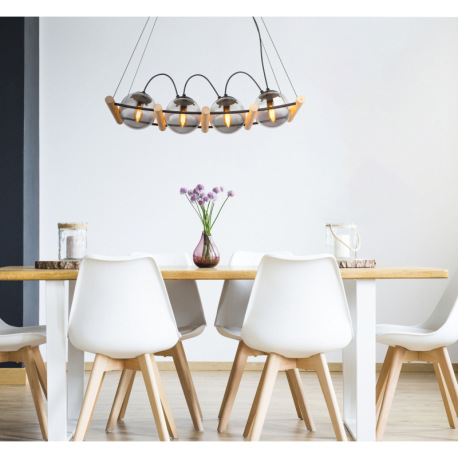 Závesné svietidlo kov čierny matný, drevo prírodnej farby, sklo dymovej farby, kábel PVC čierny, výš 1