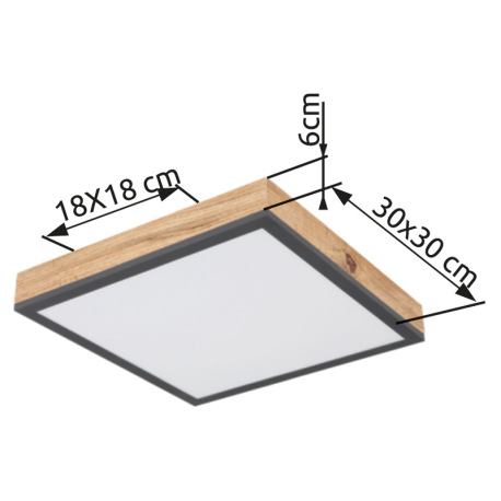 Stropné svietidlo, hliník, grafit, MDF imitácia dreva, akryl biely, rám imitácia dubu, DxŠxV:300x300 20