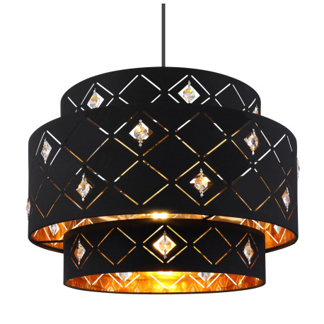 Závesné svietidlo, kov čierny, textil čierny, akrylové krištále priehľadné, tienidlo z vnútra zlaté, 10