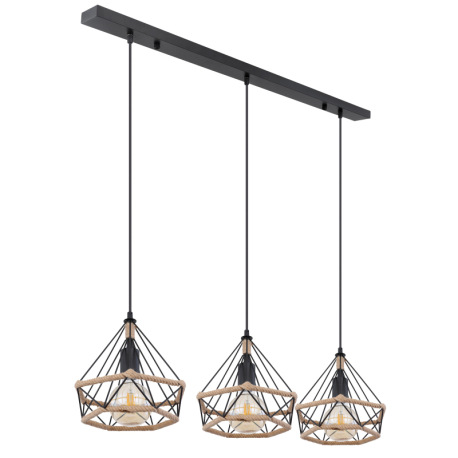 Závesné svietidlo, kov čierny, konopné lano hnedé, kov čierny, DxŠxV:1000x250x1200, bez žiaroviek 3x 3