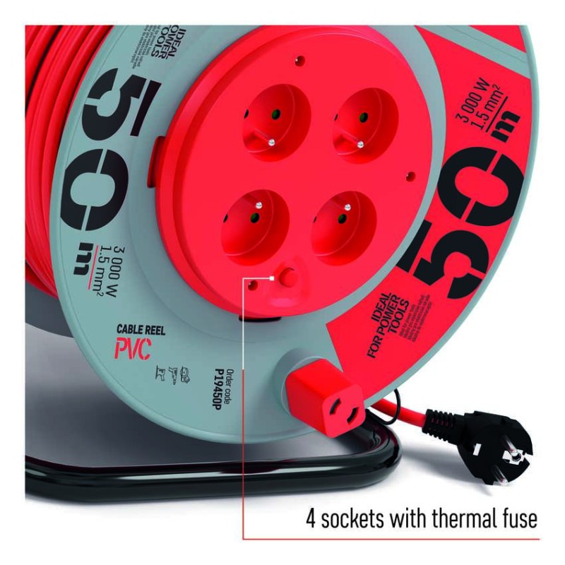 Predlžovací kábel na bubne 50 m / 4 zásuvky / červený / PVC / 230 V / 1,5 mm2 2