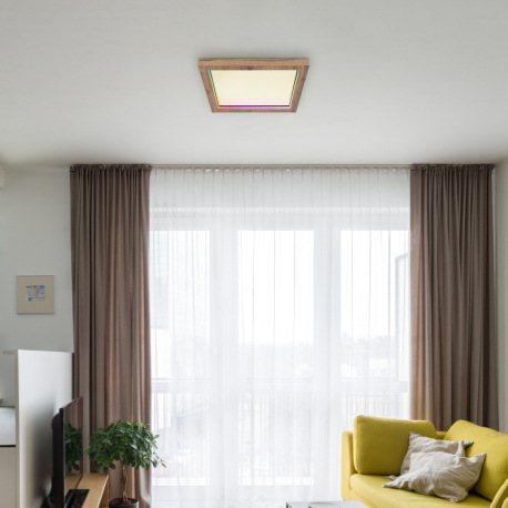 Stropné svietidlo, kov čierny matný, MDF so vzhľadom dreva, plast opál, stmievateľné, niekoľko úrovn 18