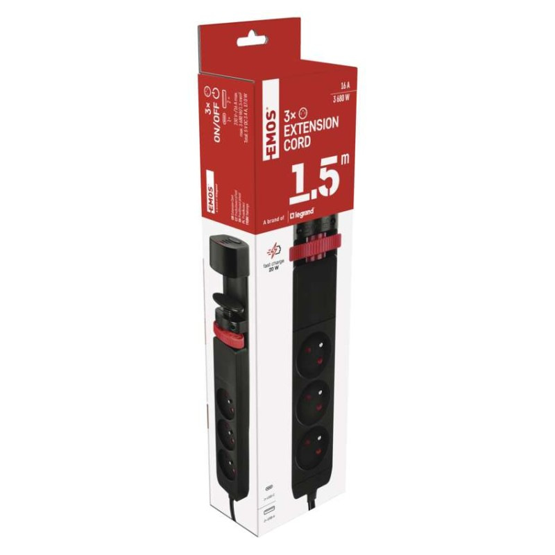 Predlžovací kábel 1,5 m/3 zásuvky/vypínač/stolný držiak/USB/čierny/PVC/1,5 mm2 11