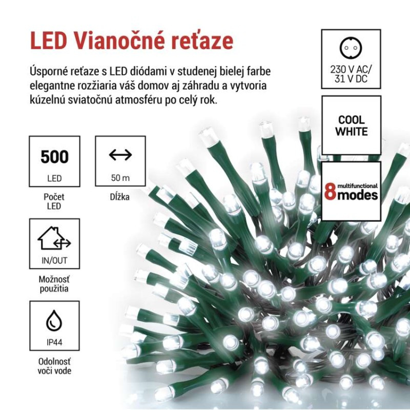 LED vianočná reťaz, 50 m, vonkajšia aj vnútorná, studená biela, programy, časovač